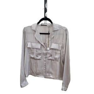 T Tahari Womens Pale Platinum Satin Button Down Utility Blouse NWT TH44331NR